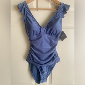 ELLEN TRACY One Piece Swimsuit Size 8 NWT V-Neck Ruffled Shoulder Ruched Tummy